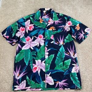 Vintage 80s Tropical Floral Cotton Button Down Shirt Orchid‎ Bird of Paradise